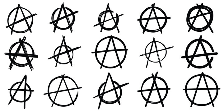 Hand-drawn doodle set of anarchy signs on a white background.