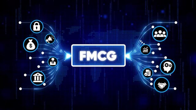 FMCG digital transformation icons network with futuristic business technology and innovation concepts on dark blue background