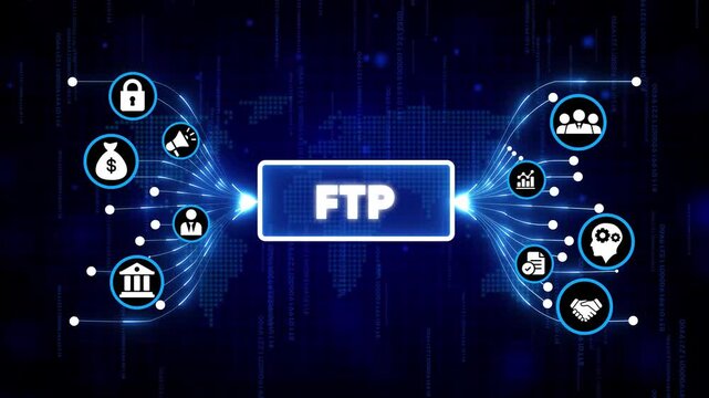 FTP file transfer protocol digital technology concept with glowing icons on dark blue futuristic background