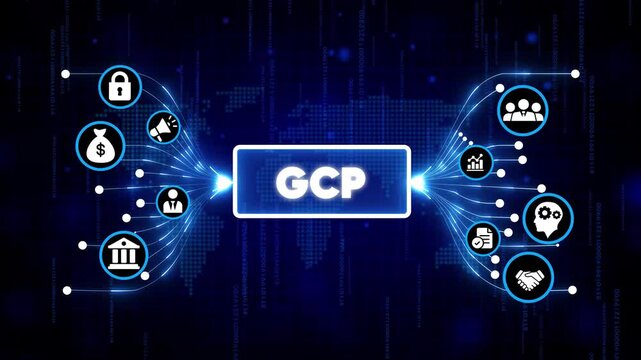 Google Cloud Platform GCP digital technology concept with futuristic icons and glowing network background for business innovation and cloud computing