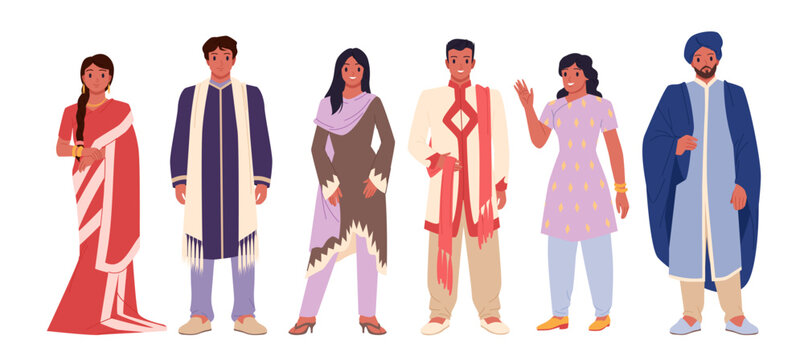 Indian people set. Different young adult male and female characters in traditional clothes standing and waving hand, girls with saree and dress, man with turban and beard