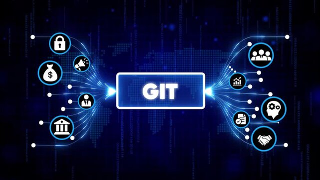 Git version control software interface with futuristic tech icons and digital network background in blue neon lighting