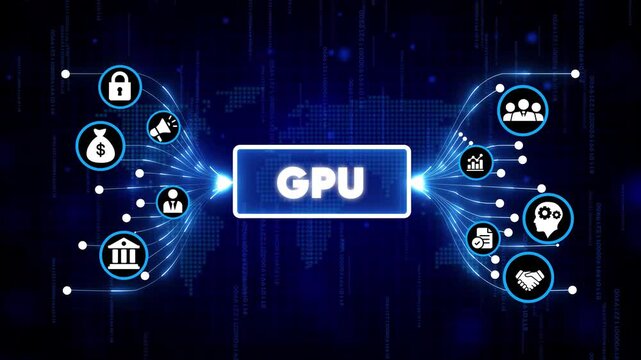 GPU technology digital concept with futuristic graphics processing unit and computing icons in neon blue dark background