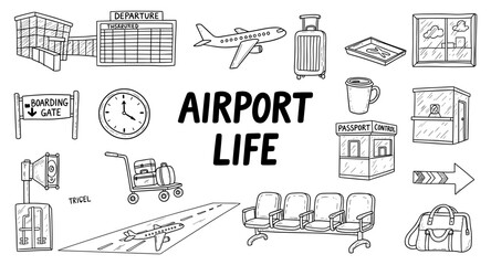 Obraz premium Doodle illustration of airport life elements and travel essentials
