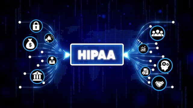HIPAA compliance digital security concept with icons and data protection shield in futuristic blue cyber network background