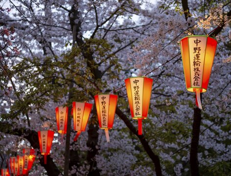 Blooming cherry trees and illuminated lanterns with Japanese writing in the evening, Hanami festival in spring, Ueno Park, Tokyo, Japan