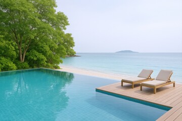 Fototapeta premium Luxury Oceanfront Villa with Infinity Pool and Sun Loungers Overlooking a Tranquil Beach Landscape