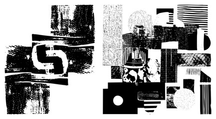 Obraz premium Black and white graphic art featuring fragmented geometric forms, halftone, and textured blocks, ideal for modern design or print.