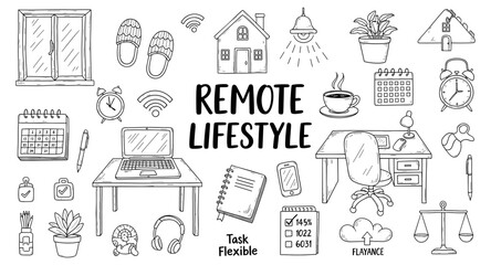 Fototapeta premium Remote lifestyle elements and icons for work from home and freelance professionals
