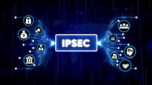 IPsec VPN security technology concept with digital network encryption icons and futuristic blue cyber background