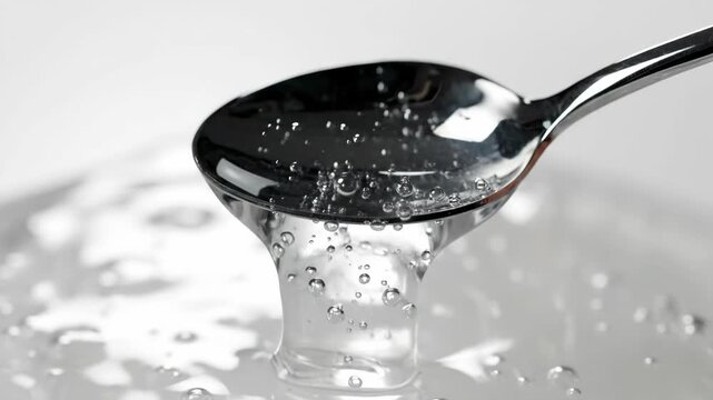 Close up of a silver spoon lifting thick transparent jelly. Macro shot of viscous clear gel with air bubbles. Viscosity and texture concept