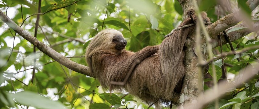 Hoffmann's two-toed sloth (Choloepus hoffmanni) on a branch, Cahuita National Park, Costa Rica