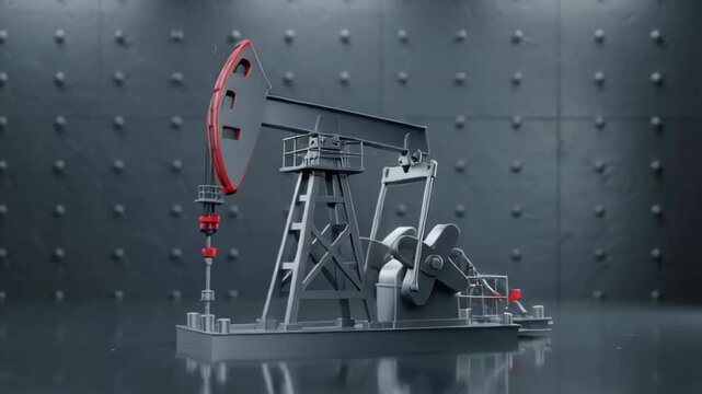 Detailed view of a miniature oil pump jack model against a textured metallic background, highlighting industrial design and mechanics