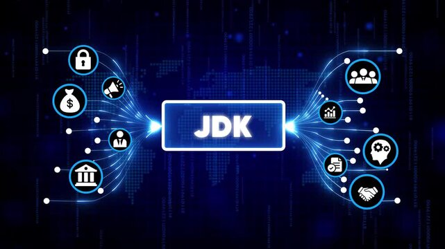 JDK Java Development Kit digital technology concept with futuristic icons and glowing blue network background for programming and software development