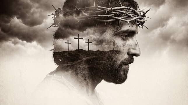 double exposure portrait of jesus christ wearing crown of thorns and three crosses on calvary hill. christian easter and good friday religious concept. banner, website header with copy space.