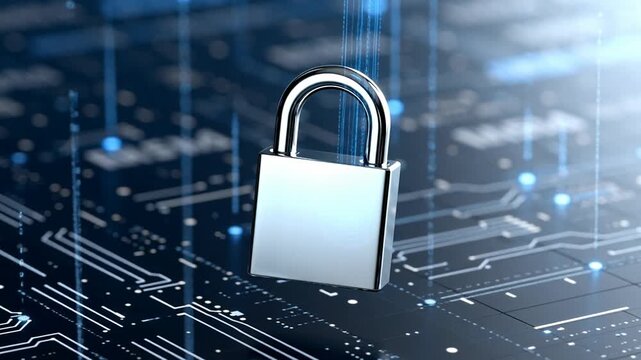 A digital representation of a lock symbolizing cybersecurity, featuring a glowing blue background with binary code elements