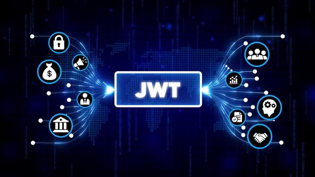 JWT digital technology logo with futuristic cybersecurity icons and glowing blue network background for business and innovation