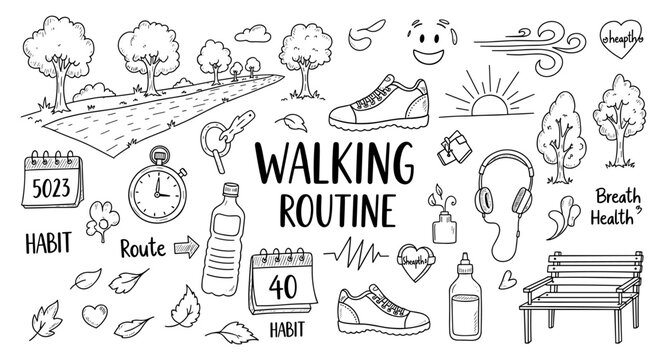 Doodle illustration of a walking routine with elements like shoes, water, and nature scenes