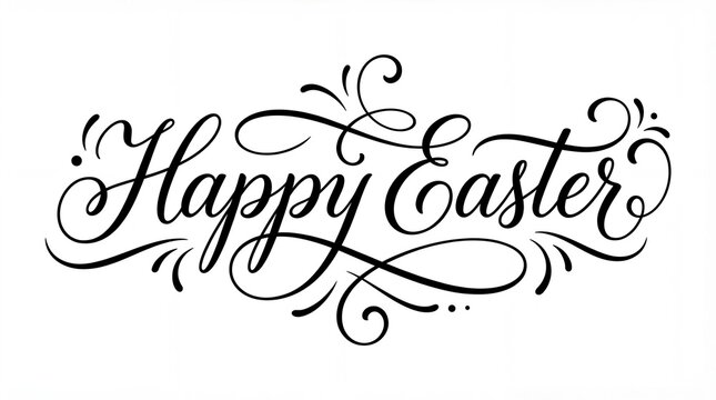 happy easter handwritten calligraphy text isolated on white background. elegant black script with flourishes. spring holiday celebration. greeting card, invitation, website header with copy space.