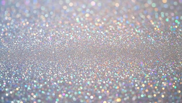 A vibrant, shimmering background of silver holographic glitter particles with starburst light reflections and colorful bokeh.