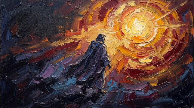 hooded figure walking toward brilliant swirling golden sun. easter resurrection concept. expressive oil painting. spiritual journey, hope. book cover, poster, banner, website header, copyspace.