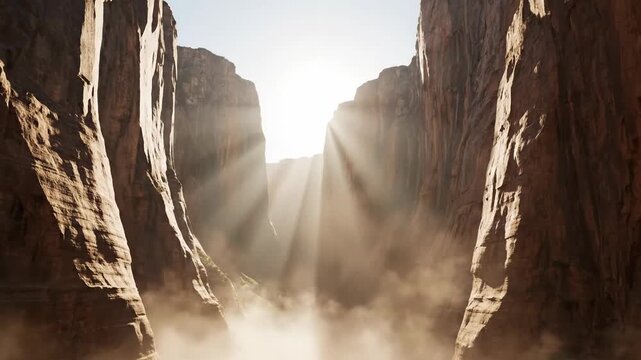 Bright sunlight rays shining into a deep canyon with thick fog. Dramatic rock cliffs and misty gorge at dawn. Mystical destination and wilderness concept