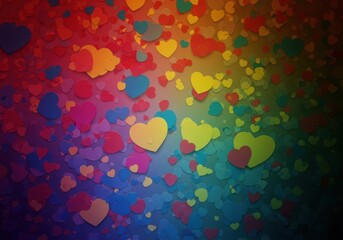 Colorful heart shapes in various sizes and colors on a gradient background
