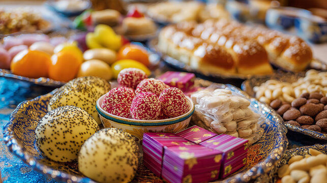 Purim Mishloach manot. Colorful assortment of traditional sweets on decorative plates  
