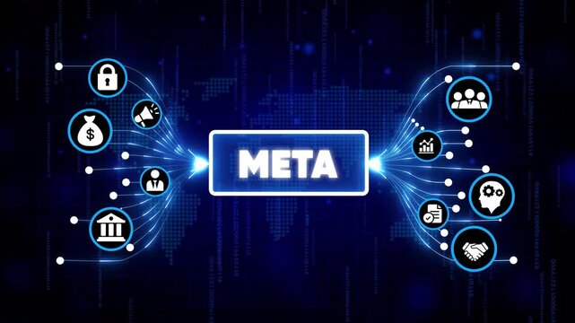 Meta logo with futuristic digital network and social media icons in glowing blue cyber space background