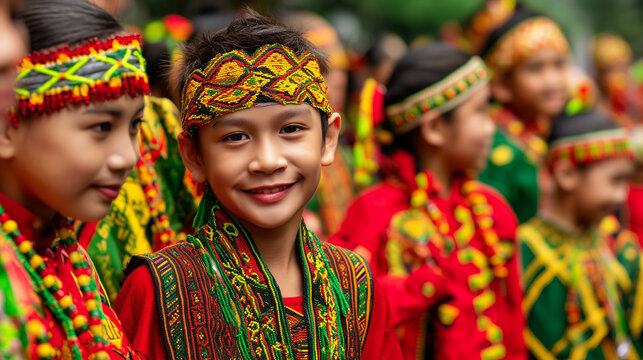 Kaamulan Festival, Indigenous Children Wearing Traditional Costumes Lined Up During Kaamulan Festival Cultural Parade in Bukidnon Philippines