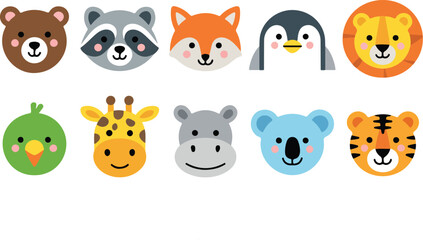 Fototapeta premium Cute Animal Face Outline Icon Set Bear, Fox, Penguin, Lion, and Tiger