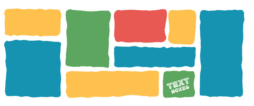 Wavy abstract geometrical text boxes. Organic rectangles quote frames with irregular edges. Curvy square callouts, rough labels. Doodle kids elements, geometric vector promo shapes isolated no bg.