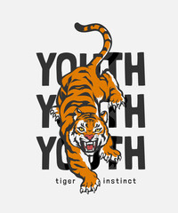 youth slogan with crawling tiger vector illustration drawn by hand