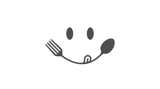 Spoon fork with smile - logo, design. Happy food, restaurant, symbol, icon, vector.