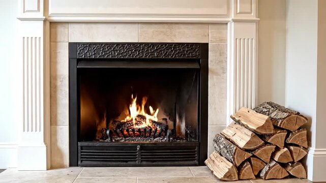 Elegant fireplace with white columns and a stack of firewood. Burning logs in a black firebox with a beige tile surround. Formal home interior and warmth concept