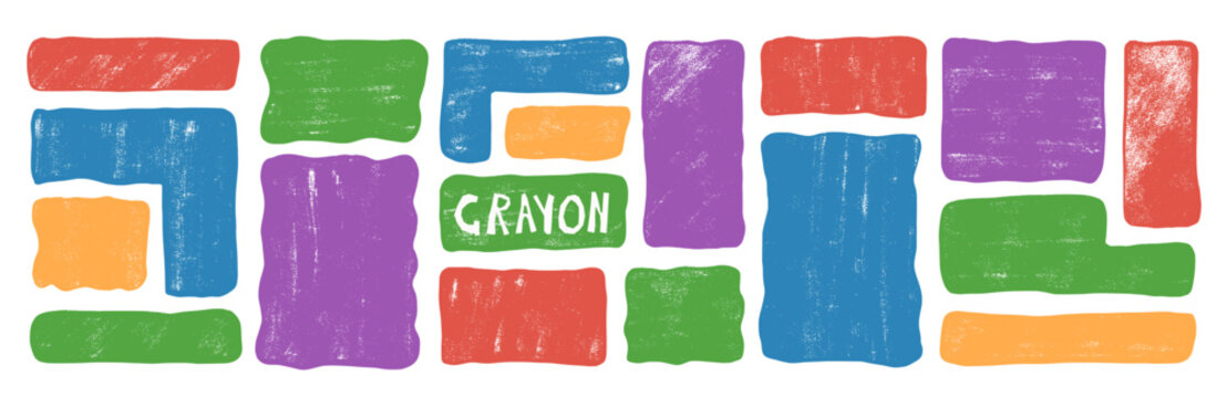 Crayon wavy rectangle shapes for kids design. Organic textured frames with a square and irregular block forms. Hand-drawn text box and scribble rectangular set. Pastel or chalk corner stickers bg.