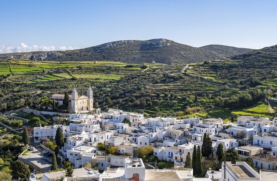 View over the village of Lefkes with white Cycladic houses, town view with church of Agia Triada, Church of the Holy Trinity of Lefko, Lefkes, Cyclades, Greece
