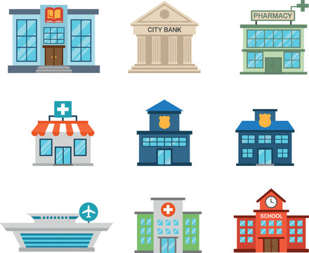 Public city infrastructure building icon set with bank hospital police station school and pharmacy for urban map design