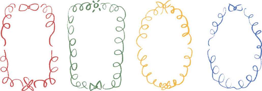 Doodle crayon whimsical frames. Coquette borders with bows set. Ribbon and lace squiggle naive pastel menu cadre. Vector wedding frame on white background. Christmas or festive oval and rectangle.