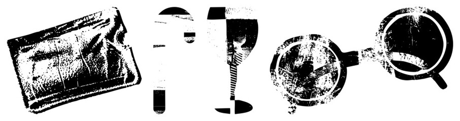 Fototapeta premium Retro film strip, wine glass with stem, coffee mug with handle, all rendered in halftone dot, vector art, isolated graphic elements.