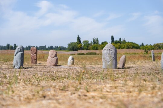 Balbals, historical gravestones in the shape of human faces, near Tokmok, Chuy, Kyrgyzstan