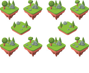 Fototapeta premium Isometric Floating Island Tileset Trees, Rocks & Grass Platforms for Game Design