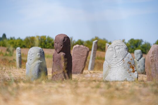 Balbals, historical gravestones in the shape of human faces, near Tokmok, Chuy, Kyrgyzstan