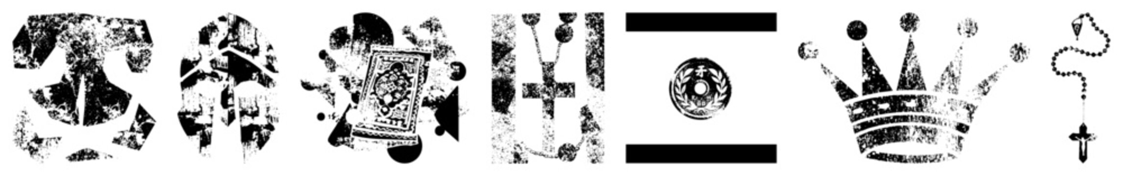 Distressed religious including crown, rosary,, book, and emblem, stylized with gritty texture, symbolic, spiritual motifs, black and white vector art.