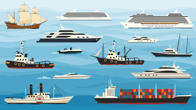 Wide variety of sea vessels including cruise ships, cargo ships, luxury yachts, and sailboats floating on blue ocean water in a flat vector style.