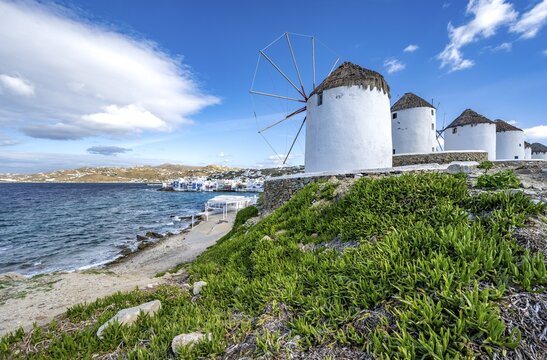 Cycladic windmills on the coast, Kato Milli, Mykonos Town, Mykonos, Greece