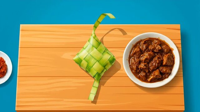 A traditional Southeast Asian meal featuring ketupat, rendang, and sambal on a wooden board.