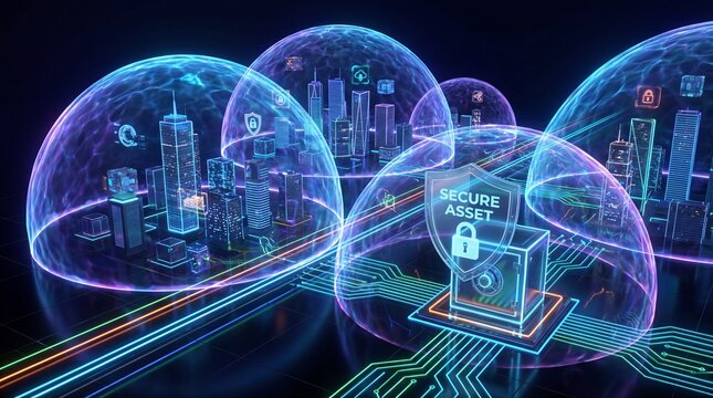 A futuristic digital network design featuring an abstract binary code technology background with a glowing blue globe and light effects representing global communication and world data science