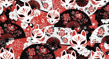 Japanese Fox Masks and Fans Pattern.