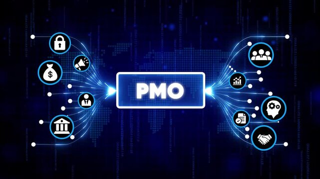 Project Management Office PMO Concept with Digital Icons and Business Technology Network in Futuristic Blue Background